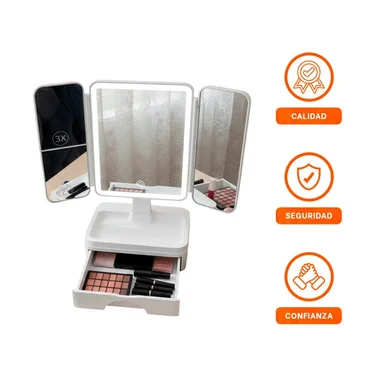 SISTEMA DE MAQUILLAJE LED TRIPLE CON CAJON BLANCO Y LUZ FRONTAL CLARA - 3