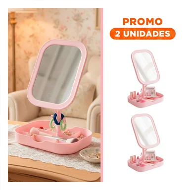 PACK2 BASE DE MAQUILLAJE CON LUZ LED CUADRADA ROSADA Y COMPARTIMENTOS - 1