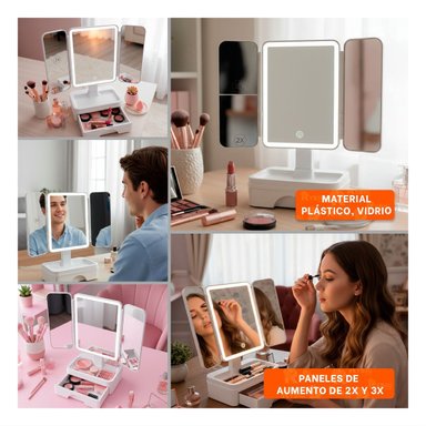 KIT TOCADOR CON LUZ LED TRIPLE BLANCO Y CAJON ORGANIZADOR DE MESA Y+POST IT - 1