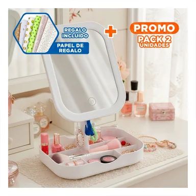 PACK2 MODULO DE BELLEZA LED CUADRADO BLANCO CON COMPARTIMENTOS PRACTICOS Y+PAPEL REGALO - 1