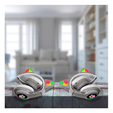 PACK2 AURICULAR BLUETOOTH TIPO GATO CON LUCES CON HUELLITAS PARA ACTIVIDAD COLOR PLOMO - 2
