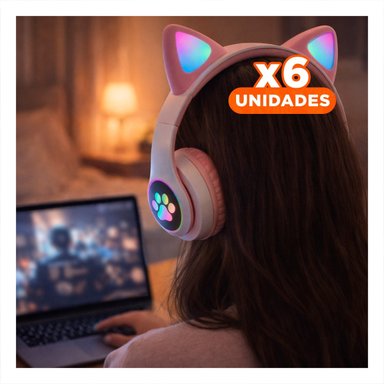 PACK6 HEADSET BLUETOOTH TIPO GATO CON LUCES CON HUELLITAS PARA LLAMADAS ROSADO Y+REGALO STICKER - 1