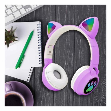 PACK6 AUDIFONOS INALAMBRICO TIPO GATO CON LUCES CON HUELLITAS PARA EJERCICIOS COLOR MORADO - 2