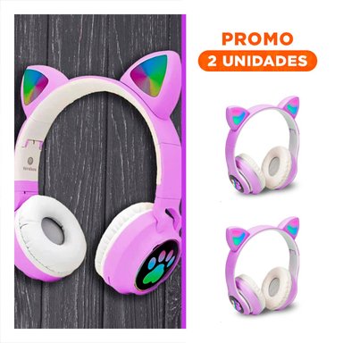 PACK2 AURICULAR BLUETOOTH TIPO GATO CON LUCES CON HUELLITAS PARA LLAMADAS COLOR MORADO - 1