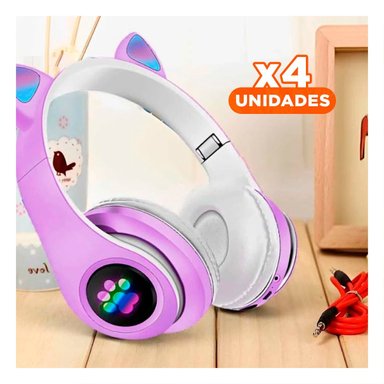 PACK4 AUDIFONOS DEPORTIVOS TIPO GATO CON LUCES CON HUELLITAS PARA JUEGO MORADO - 1