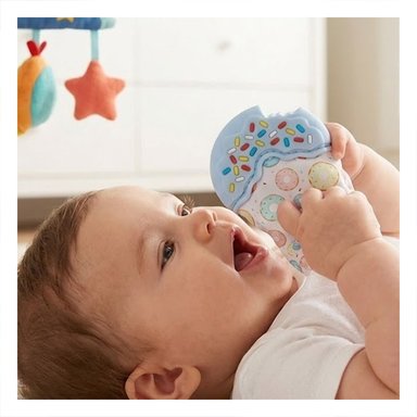 PACK6 MANOPLA INFANTIL EN COLOR CELESTE CON FORMA DE DONA MORDEDORA Y+REGALO STICKER - 5