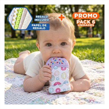PACK6 MANOPLA MORDEDORA EN FORMA DE DONA EN COLOR LILA INFANTIL Y+PAPEL REGALO - 1
