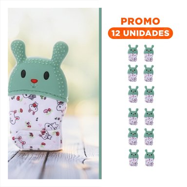 PACK12 MANOPLA MORDEDORA EN COLOR VERDE AGUA CON FORMA DE CONEJO SUAVE Y+REGALO STICKER - 1