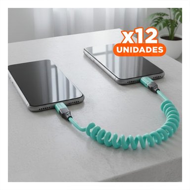 PACK12 CORDON RESORTE 4 EN 1 USB C 1,5M CELESTE CABLE DE ENERGIA PARA MOVILES - 1
