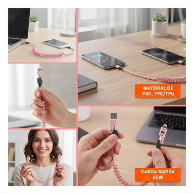 CONECTOR RESORTE 4 EN 1 USB C 1,5M ROSADO ACCESORIO PARA TABLET Y+POST IT - 1