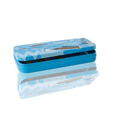 PACK6 ESTUCHE RESISTENTE CELESTE METALICO CON SEPARADOR PARA UTILES Y+REGALO STICKER - 2