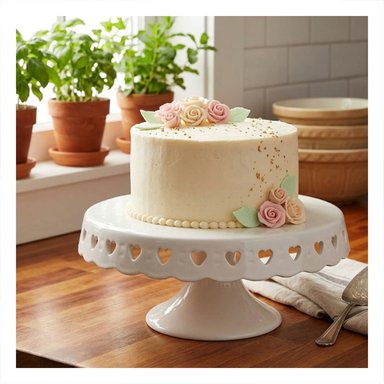 BASE PORTA TORTA COLOR BLANCO CERAMICA CORAZONES 25 CM PARA MESA Y+LIGAS REGALO - 3