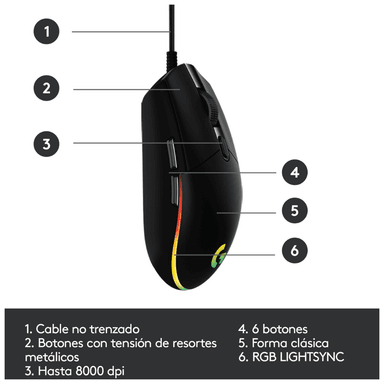 Mouse Logitech G203 LIGHTSYNC para Gaming Negro - 5