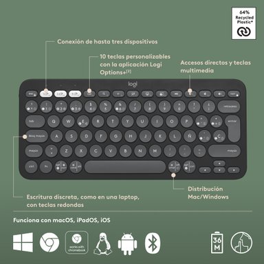 Teclado Bluetooth Multidispositivo Logitech Pebble Keys 2 K380S Grafito - 6
