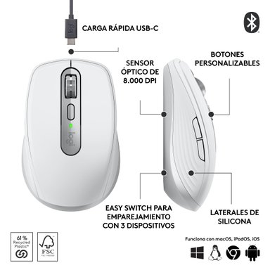 Mouse inalámbrico compacto de alto rendimiento Logitech MX Anywhere 3S PALE GREY - 4