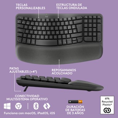 Teclado Ergonómico Inalámbrico Logitech Wave Keys con reposamanos Negro - 6
