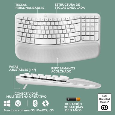 Teclado Ergonómico Inalámbrico Logitech Wave Keys con reposamanos Blanco - 5