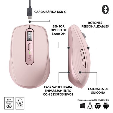 Mouse inalámbrico compacto de alto rendimiento Logitech MX Anywhere 3S Rose - 5