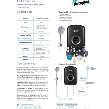 RAPIDUCHA ELECTRICA ROTOPLAS SENSATION MAX BLACK 5500W USO DOMESTICO - 3