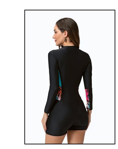 TRAJE BAÑO MUJER NEGRO MLA055 MANGA LARGA NATACION CORTE SHORT CACHETERO - 4