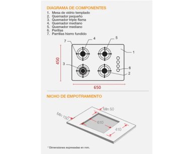 COCINA EMPOTRABLE A GAS GLP/GN SOLE 4 HORNILLAS 65CM VIDRIO TEMPLADO SOLCOO47V3 SOLCO047V3 - 6