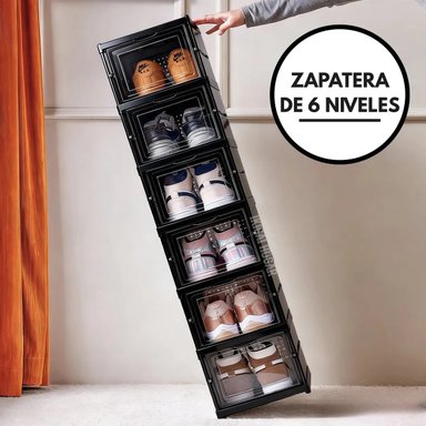 ZAPATERA PLEGABLE DE 6 NIVELES NEGRO CON TAPA ACRÍLICA - 1