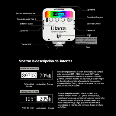 MINI VIDEO LED ULANZI VL49 RGB RECARGABLE BLANCO - 6