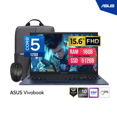 LAPTOP ASUS VIVOBOOK 15 FHD 15.6' IPS CORE 5-120U 16GB DDR5 512GB MOCHILA + MOUSE FREEDOS - 1