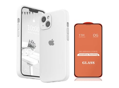 CASE IPHONE 14 SILICONA CON P/CÁMARA BLANCO + MICA DE VIDRIO COMPLETO - 1
