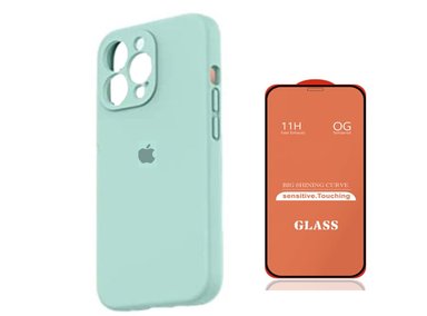 CASE IPHONE 15 PRO SILICONA CON P/CÁMARA TURQUESA + MICA DE VIDRIO COMPLETO - 1