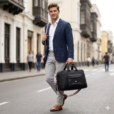 BOLSO DE VIAJE TOMMY HILFIGER NEGRO CON CINTA BLANCO Y ROJO - 2