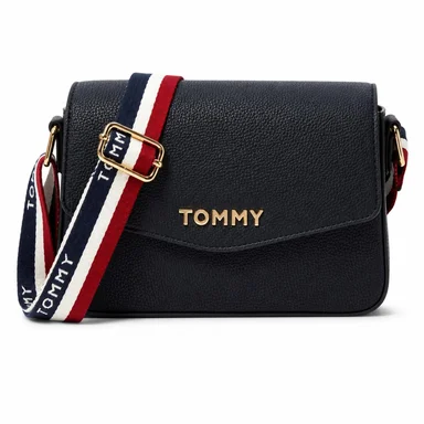 CARTERA CROSSBODY TOMMY HILFIGER NEGRO CON CINTA MONOGRAFIADA BLANCO Y ROJO - 1