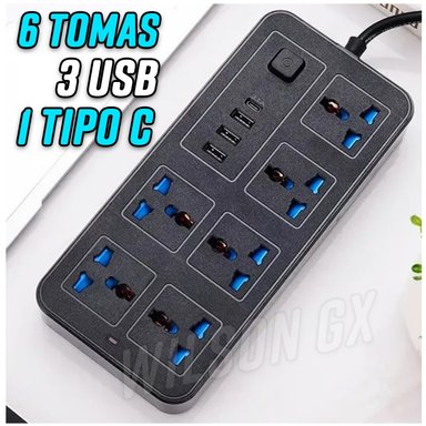ENCHUFE TOMACORRIENTE 6 TOMAS + 3 PUERTOS HUB USB + 1 TIPO C - 1