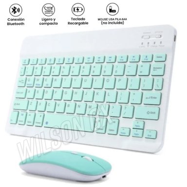 KIT TECLADO Y MOUSE BLUETOOTH RECARGABLE PC TABLET IPAD TURQUESA - 1
