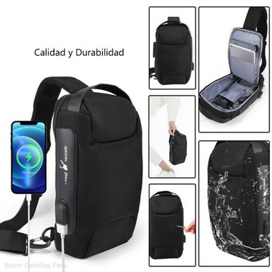 PECHERA 9530 NEGRO MORRAL HOMBRE ANTIRROBO IMPERMEABLE CON USB Y CLAVE BANDOLERA - 3