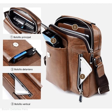 MORRAL PARA HOMBRE CUERO PU BANDOLERA CASUAL IMPERMEABLE MARRÓN - 3