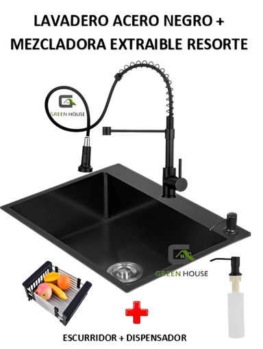 COMBO LAVADERO 60X45X23CM + MEZCLADORA RESORTE EXTRAIBLE NEGRA - 1