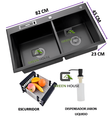 LAVADERO DE COCINA NEGRO DOBLE POZA CON PORTA CUCHILLO ACERO INOX. - 4