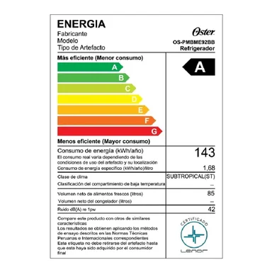 FRIGOBAR OSTER OS-PMBME92BB FROST 85 LITROS 1 PUERTA SILVER - 5