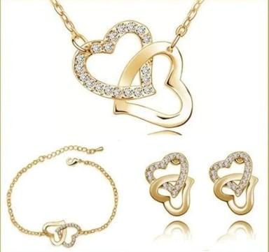 PACK DE JOYAS GENIEKA TWO HEARTS ACERO ARETES COLLAR Y PULSERA DORADO NOVIA REGALO - 2