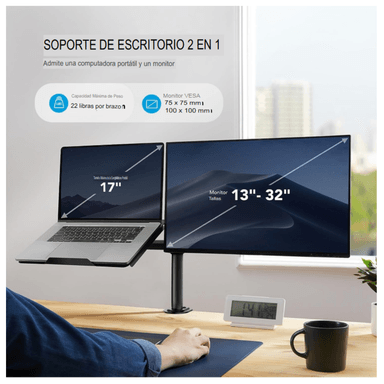 SOPORTE 2 EN 1 PARA MONITOR Y LAPTOP 13-32' Y LAPTOP DE 10 A 17' CON BRAZO ARTICULADO ERGONÓMICO - 5