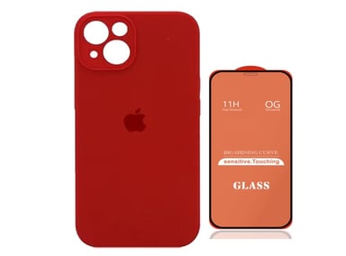 CASE IPHONE 14 SILICONA CON P/CÁMARA ROJO + MICA DE VIDRIO COMPLETO - 1