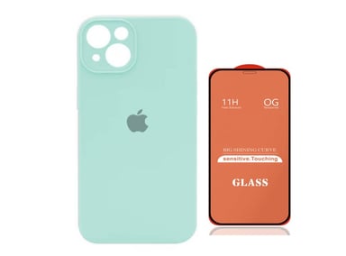 CASE IPHONE 14 SILICONA CON P/CÁMARA TURQUESA + MICA DE VIDRIO COMPLETO - 1