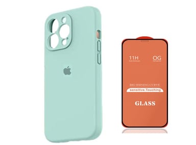 CASE IPHONE 14 PRO SILICONA CON P/CÁMARA TURQUESA + MICA DE VIDRIO COMPLETO - 1