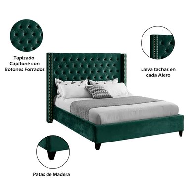 CAMA LEMUEBLE CAPITONÉ 2 PLAZAS TAPIZADA VERDE OLIVO - 3