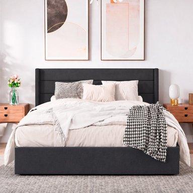 CAMA LEMUEBLE TAPIZADA LISTÓN VENUS PLOMO OSCURO QUEEN - 3