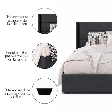 CAMA LEMUEBLE TAPIZADA LISTÓN VENUS PLOMO OSCURO QUEEN - 5
