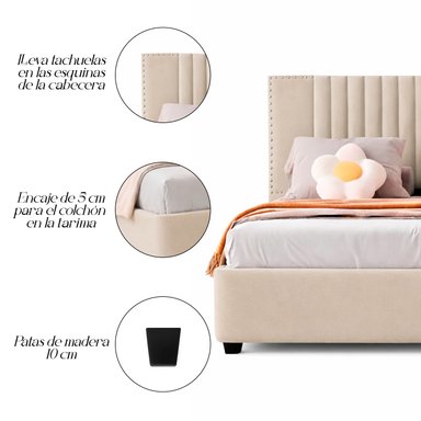 CAMA LEMUEBLE TAPIZADA LISTÓN IRIS BEIGE QUEEN - 5