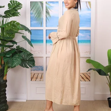 KIMONO MAXI MUJER YOMAR BEIGE PRINCESA MANGA LARGA - 3