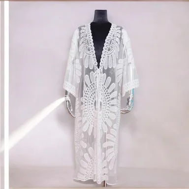 KIMONO MAXI MUJER YOMAR BLANCO TULL ABIERTO LARGO IMPORTADO GIRASOL - 1